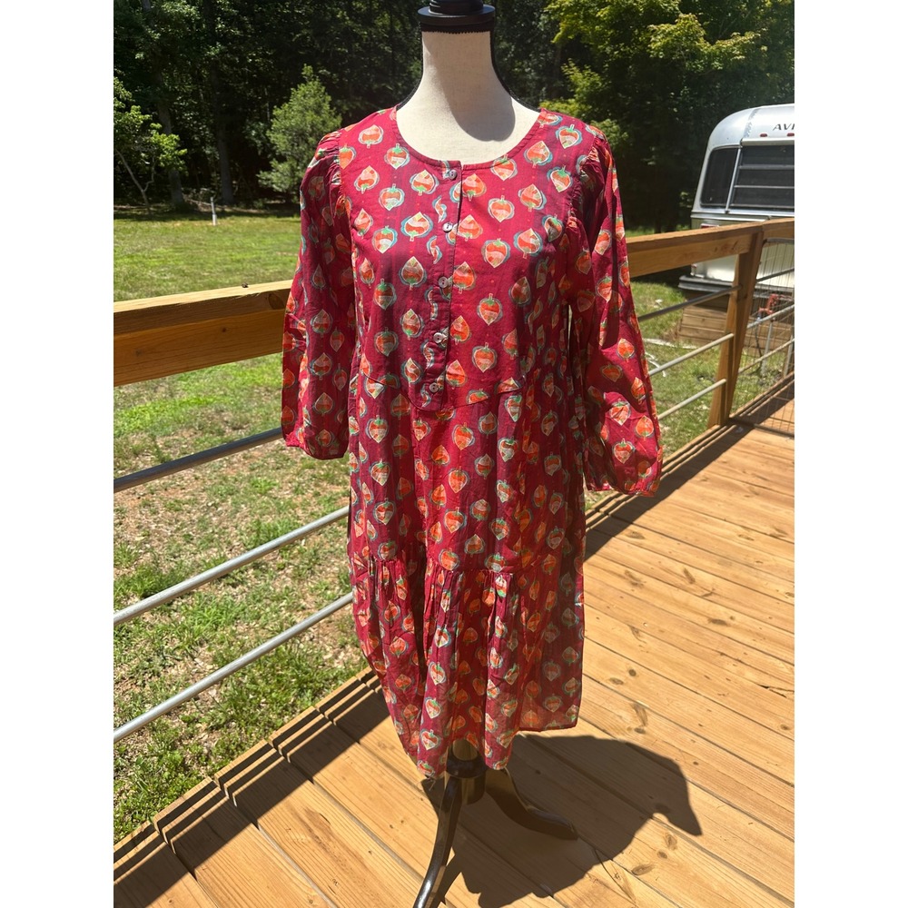 Gudrun Sjoden Red Leaf Print Organic Cotton Tiered Midi Dress Women Size S Artsy - Picture 1 of 8